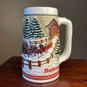 Budweiser Horses Mug Stein Clydesdales Beer Christmas Covered Bridge 1984